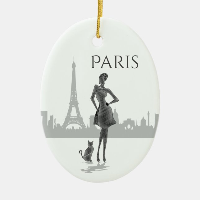 Mädchen und Katze in Paris mit Weihnachten im Eiff Keramik Ornament (Vorne)