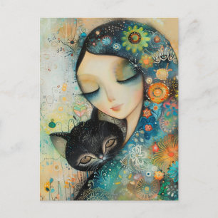 MÄDCHEN UND KATZE KUNST-PUZZLE POSTKARTE