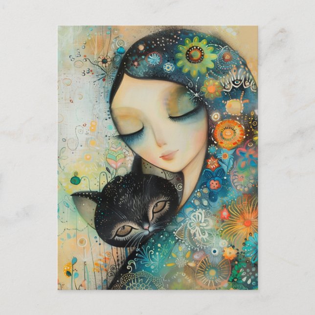 MÄDCHEN UND KATZE KUNST-PUZZLE POSTKARTE (Vorderseite)