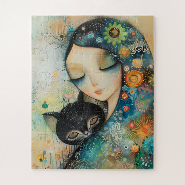 MÄDCHEN UND KATZE KUNST-PUZZLE PUZZLE (Vertikal)
