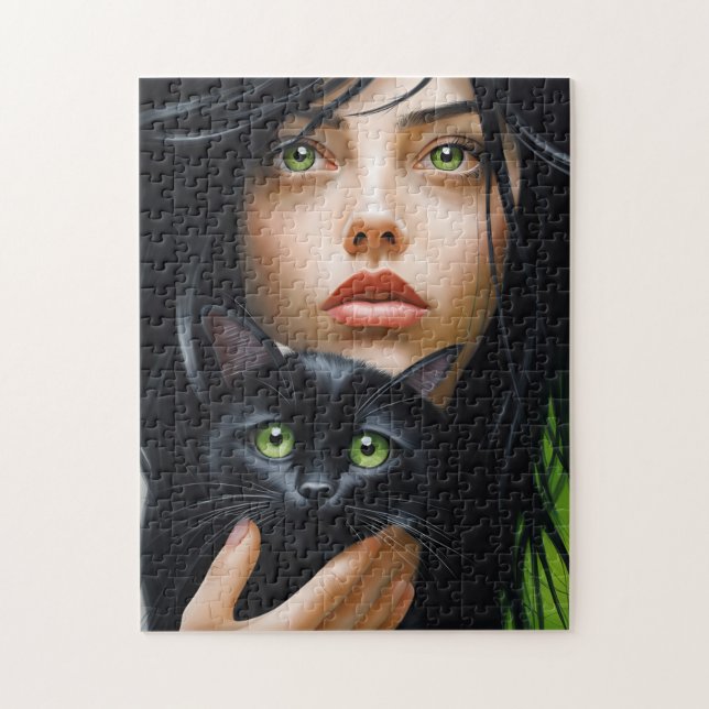 MÄDCHEN UND KATZE KUNST-PUZZLE PUZZLE (Vertikal)