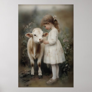 Mädchen- und Kuhdruck Antiquität Farmhouse Cottage Poster
