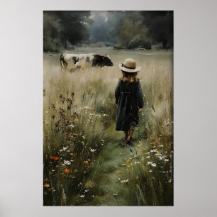 Mädchen und Kuhdruck, Vintage-Farmhouse-Cottagecor Poster