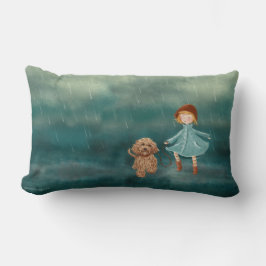 Mädchen- und Labradoodlehund im Regen Lendenkissen