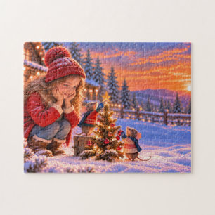 Mädchen und Mäuse schmücken einen Weihnachtsbaum Puzzle
