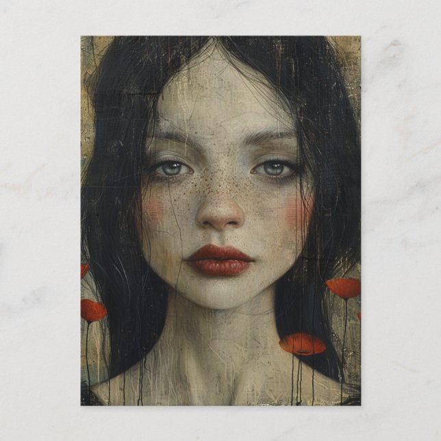 Mädchen und Mohn Rustikaler Grunge Postkarte (Vorderseite)