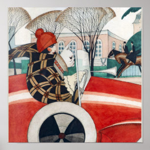 Mädchen und Mops in einem Automobil Poster