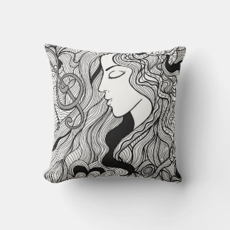 Mädchen und Musik. Vintage Darstellung. Schwarzer Kissen