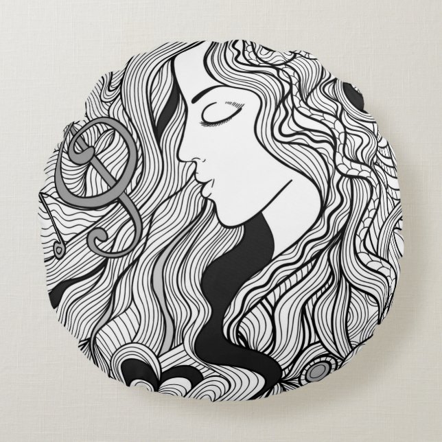 Mädchen und Musik. Vintage Darstellung. Schwarzer  Rundes Kissen (Vorderseite)