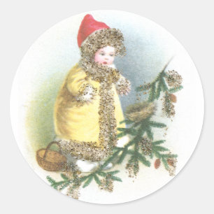 Mädchen und Nest Vintage-Weihnachten Runder Aufkleber