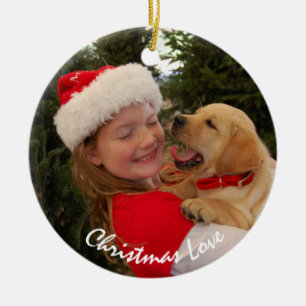Mädchen und neuer Welpe zu Weihnachten Keramik Ornament