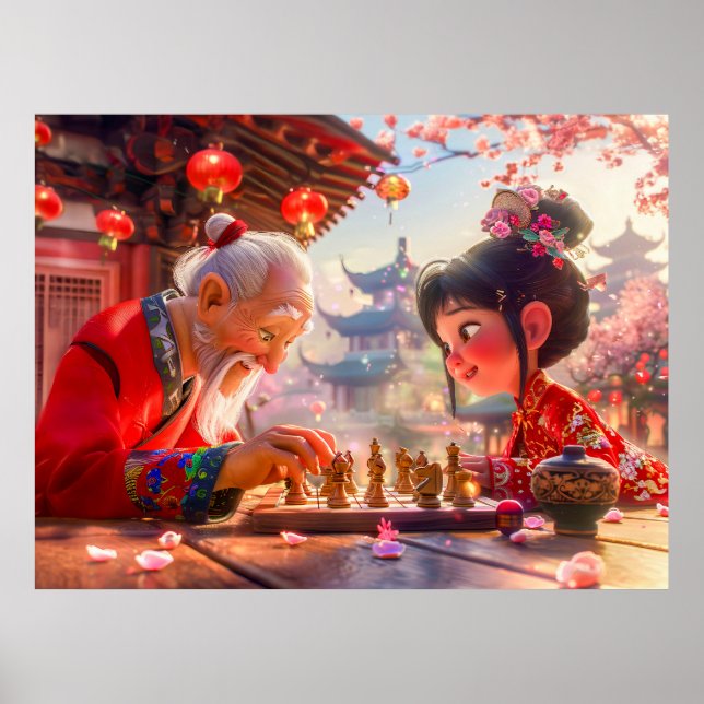 Mädchen und Opa spielen Modernes Schach Poster (Vorne)