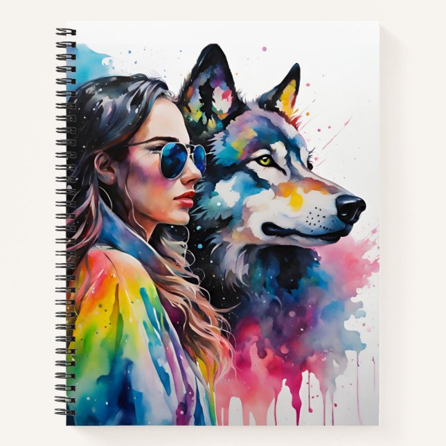 Mädchen und Regenbogen Wolf Notizbuch (Vorderseite)