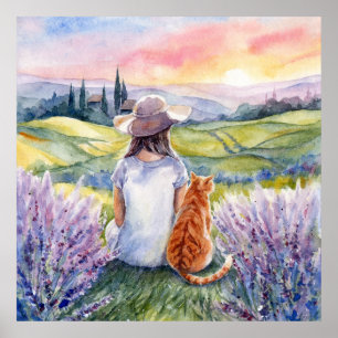 Mädchen und rote Katze beim Beobachten des Sonnena Poster