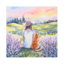Mädchen und roter Kater Provence Landschaft Aquare