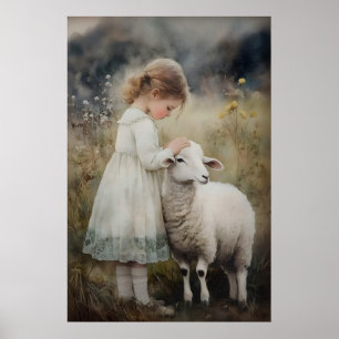 Mädchen und Schaf Druck, Antiquarische Schäferin L Poster