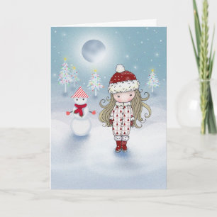 Mädchen und Schneemann Weihnachtskarte Feiertagskarte
