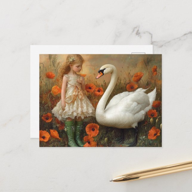 Mädchen und Schwan in den Poppies Postkarte (Vorderseite/Rückseite Beispiel)
