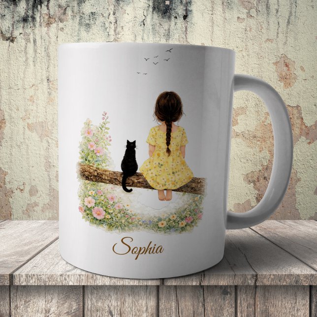 Mädchen und schwarze Katze auf einem Ast Kaffeetasse (Von Creator hochgeladen)
