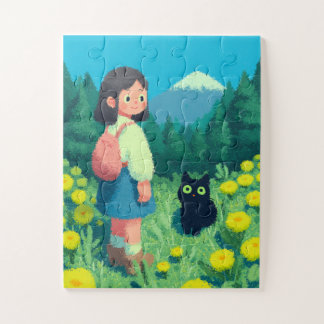 Mädchen und schwarze Katze auf einem Blumenfeld Puzzle