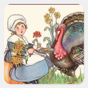 Mädchen und Truthahn, vintage Thanksgiving Quadratischer Aufkleber
