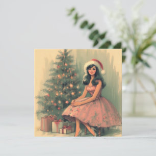 Mädchen und Weihnachtsbaum Vintage Retro Illustrat Feiertagskarte