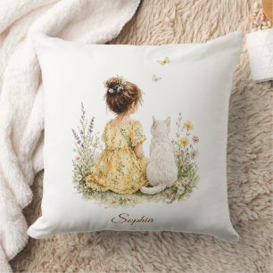 Mädchen und weiße Katze Kissen