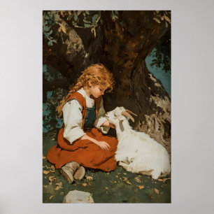 Mädchen-Und-Ziegen-Druck, Antike Druckbare Kunst,  Poster