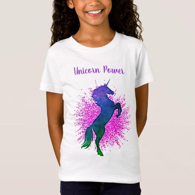 Mädchen "Unicorn Power" Einhorn & Glitzer Lila T-Shirt (Vorderseite)