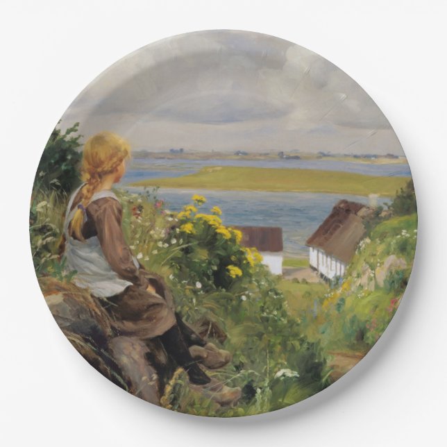 Mädchen verloren in Gedanken (von H.A. Brendekilde Pappteller (Vorderseite)