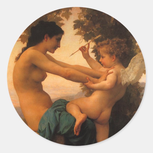 Mädchen verteidigt sich gegen Cupid von Bouguereau Runder Aufkleber (Vorderseite)