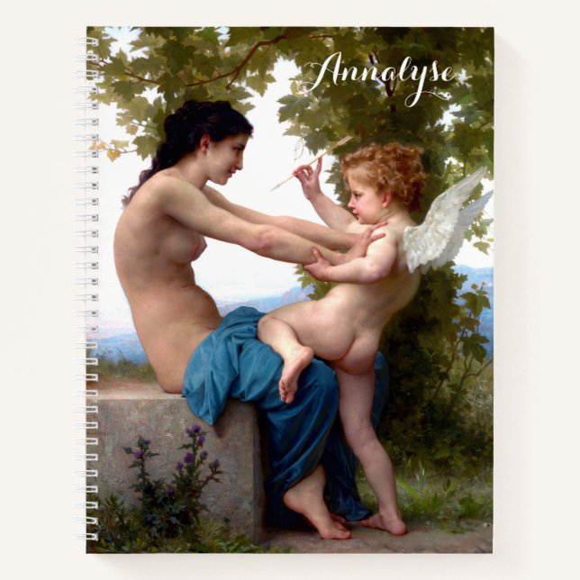 Mädchen verteidigt sich gegen Eros Cupid Fine Art Notizbuch (Vorderseite)