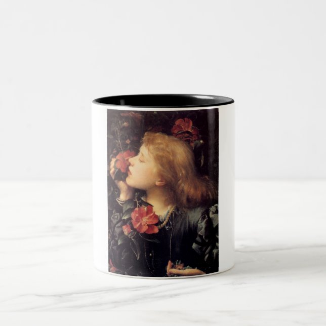 Mädchen wählen eine schöne Blume (von G.F. Watts) Zweifarbige Tasse (Mittel)
