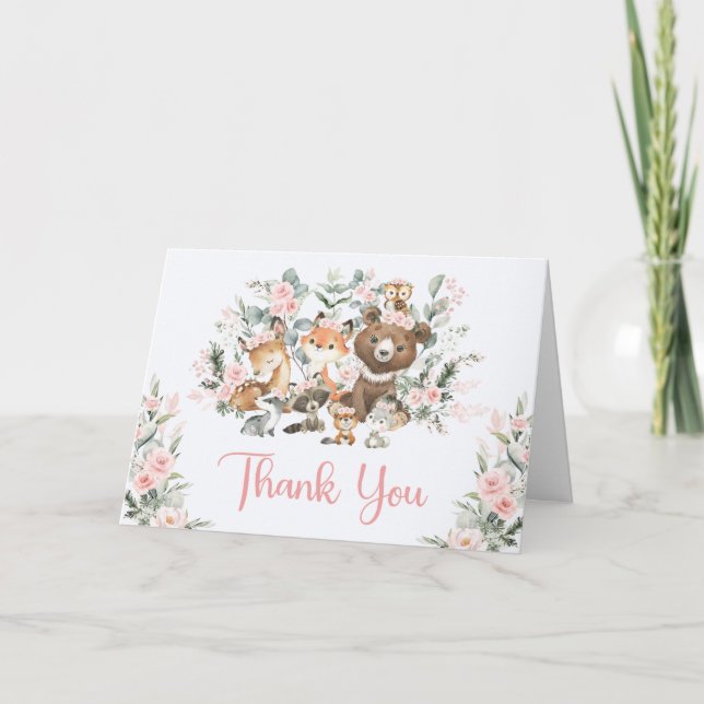 Mädchen-Wald-Babyshower: Rosa Waldtiere Dankeskarte (Vorderseite)