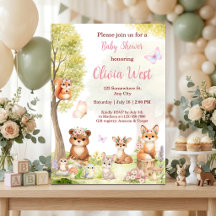 Mädchen Waldtiere Baby Shower Einladung