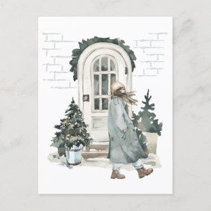 Mädchen wandern im Winter auf der Straße Postkarte