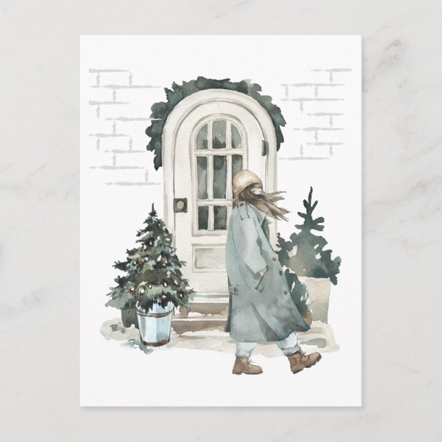 Mädchen wandern im Winter auf der Straße Postkarte (Vorderseite)