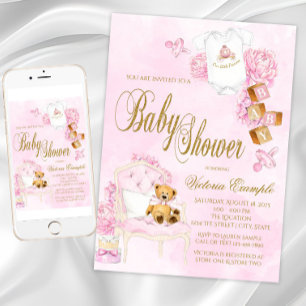 Mädchen Wasserfarbe Rosa Gold Teddybär Baby Shower Einladung