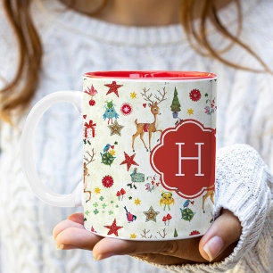 Mädchen-Weihnachts-Rentiere Monogramm Zwei-Ton-T Zweifarbige Tasse