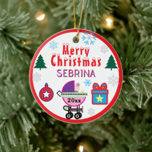 Mädchen-Weihnachtsbäume Rosa Schleife Name Keramik Ornament