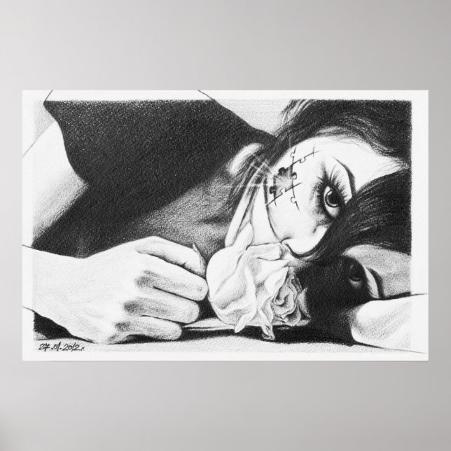 Mädchen weinen mit Rose Surreal zeichnend Kunst Poster (Vorne)