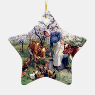 Mädchen, welches Vieh das Malen füttert Keramikornament