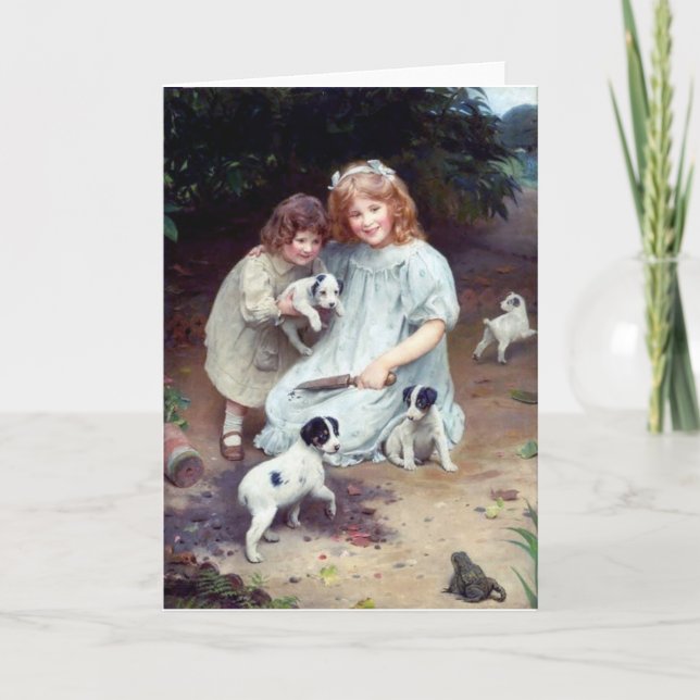Mädchen Welpen Toad Hunde Kinder Schwestern Karte (Vorderseite)