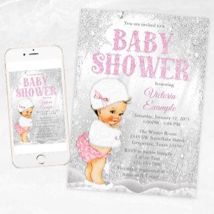 Mädchen Winter Wonderland Baby Shower Braunhaarige Einladung