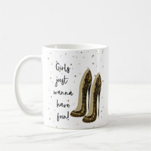 Mädchen Wollen Spaß Goldene Schwarze Stöckelschuhe Kaffeetasse