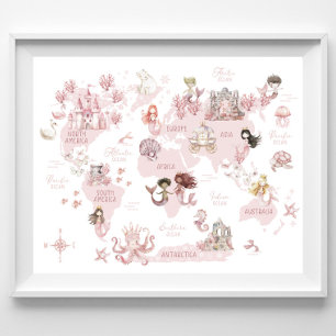 Mädchen Zauberweltkarte, rosa Meerjungfrauen und S Poster
