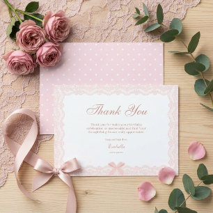 Mädchen zum ersten Geburtstag mit rosa Spitze Dankeskarte