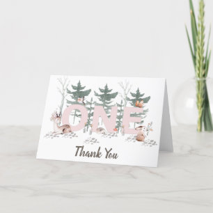 Mädchen zum ersten Geburtstag, Waldtiere rosa eins Dankeskarte