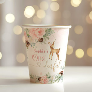Mädchen zum ersten Geburtstag Winterhirsche Rosa Pappbecher