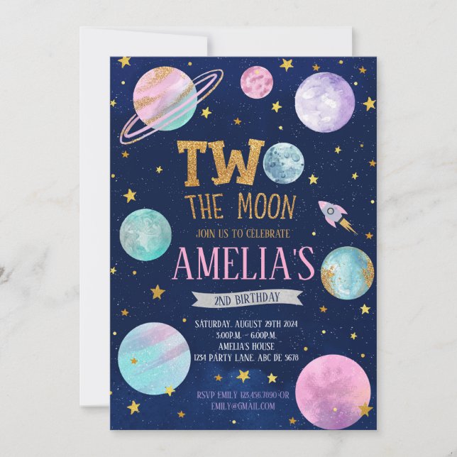 Mädchen zwei Mond zum Geburtstag Einladung (Vorderseite)